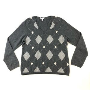 Charter Club charcoal grey argyle Vneck two-ply cashmere womens sweater Large